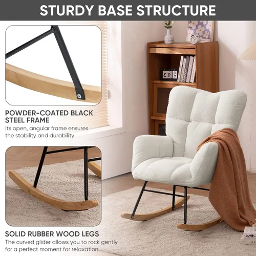 Vista 7 de Silla mecedora de terciopelo de peluche, sillón mecedora con carga para guardería, cómoda silla auxiliar para sala de estar, dormitorio