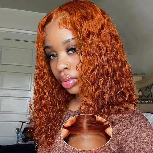 Vista 2 de Pelucas de cabello humano sin pegamento, color naranja jengibre, pre desplumadas, pre cortadas, pelucas de encaje frontal rizadas