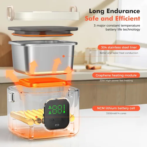 Vista 4 de Lonchera eléctrica inalámbrica para adultos y niños, alimentada por batería de 14000 mAh, calentador de alimentos autocalentable con tipo C
