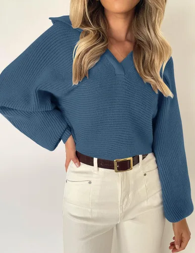 Vista 7 de ZESICA Women's 2024 Fall Lapel Collar V Neck Long Sleeve Ribbed Knit Comfy Loose Casual Pullover Sweater Jumper Top