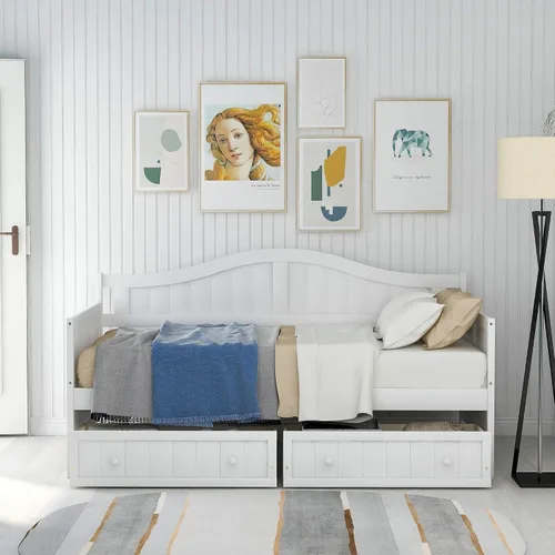 Vista 3 de Merax Elegante sofá cama con dos cajones de almacenamiento, sofá cama con soporte de listones de madera para familia, niños, adolescentes,