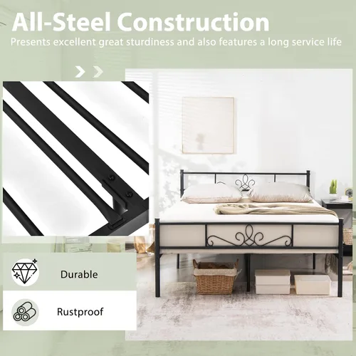 Vista 6 de KOMFOTT Base de cama de plataforma metálica de tamaño matrimonial con cabecera y estribo, base de colchón con listones de metal reforzados,