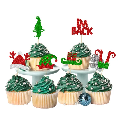 Vista 24 de Gyufise 24 piezas Adornos de pastel para revelación de género de Navidad con purpurina, sombrero navideño de Navidad, adorno de pastel de él o ella