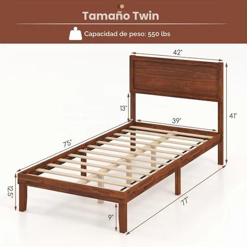 Vista 2 de KOMFOTT Base de cama de madera tamaño twin con cabecero, base de cama de plataforma de madera de acacia sólida, base de cama soportada por listones