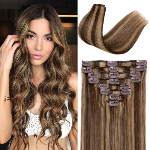 Vista 8 de S-noilite Extensiones de cabello humano con broches, cabello humano corto con clip, para mujer, cabello humano 100% Remy, cobertura de cabeza Marrón