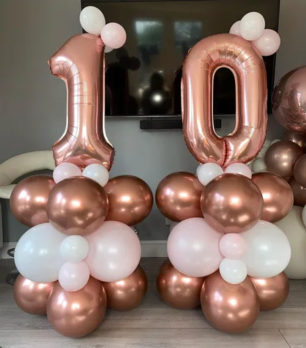 Vista 4 de Globos gigantes de número 10 de 40 pulgadas en oro rosa, 10 globos de oro rosa para cumpleaños, globos de 10 para décimo cumpleaños, aniversario