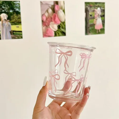 Vista 3 de Vasos de vidrio con lazo rosa, 14 onzas, bonitos vasos de vidrio con lazo estético para café helado, matcha, leche, jugo, cóctel, San