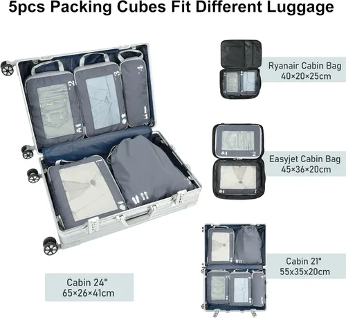 Vista 5 de ECOHUB Juego de 5 cubos de compresión para maletas, bolsas organizadoras, juego de artículos esenciales de viaje con bolsas de zapatos para viajes