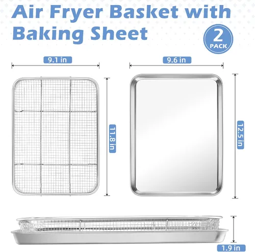Vista 2 de TeamFar Cesta para freidora de aire para horno, juego de 2 cestas y bandeja de freidora de aire de acero inoxidable, estante para freidora de aire
