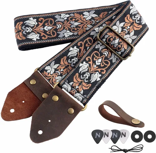 Vista 20 de Nefelibata Correa de guitarra, correas de guitarra de algodón bordado jacquard con extremos de cuero de caballo loco para bajo, eléctrico