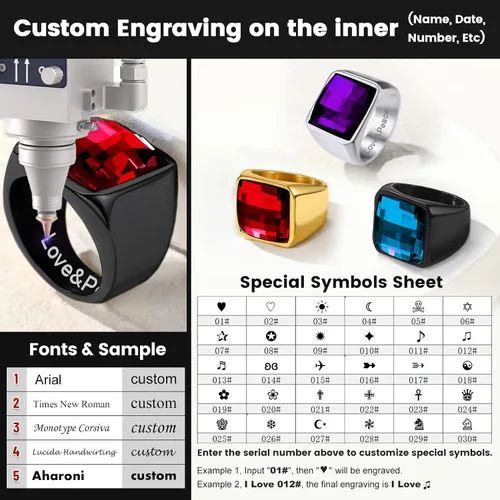 Vista 8 de Anillos cuadrados de sello de piedras preciosas para hombres, anillo de meñique personalizado de acero inoxidable con piedra natal de topacio azul