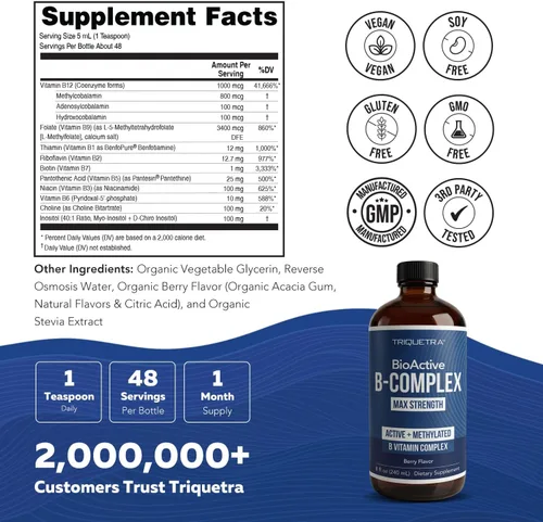 Vista 7 de BioActive Complejo de vitamina B, listo para el flujo sanguíneo, complejo B metilado, con metilfolato, 3 formas bioactivas de B12, BenfoPure® B1