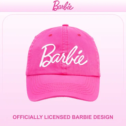 Vista 3 de Barbie Gorra de béisbol para mujer Gorra de algodón suave para mujer con ala curvada Gorra de béisbol ajustable de color rosa intenso