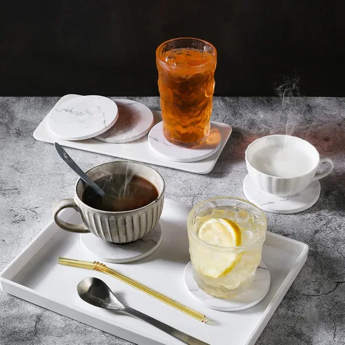 Vista 7 de Posavasos absorbentes para bebidas, juego de 6 posavasos de cerámica con soporte, posavasos duraderos para mesa de café con base de corcho
