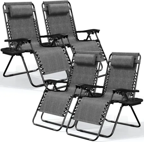 Vista 28 de Nestl Sillas de gravedad cero, juego de 2, silla de patio al aire libre con almohadas y bandejas portavasos, silla reclinable plegable de malla