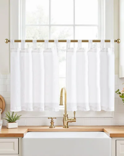 Vista 10 de Jinchan - Cortinas de cocina de lino rústico beige con bolsillo para barra, 26 x 36 pulgadas, 2 paneles