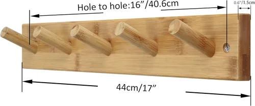 Vista 5 de SKOLOO Perchero de Pared de Bambú Montado en la Pared, 16 Pulgadas de Agujero a Agujero, 5 Clavos de Bambú para Pared para Colgar Ropas, Batas