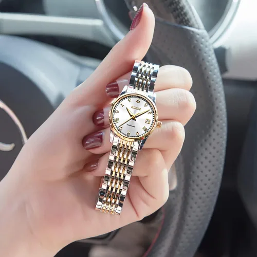 Vista 3 de OLEVS Relojes automáticos para mujer, relojes de pulsera pequeños de acero inoxidable para mujer, pulsera de tono dorado y plateado