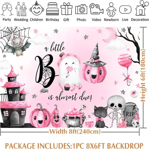 Vista 5 de Avezano A Little Boo is Almost Due - Telón de fondo para niña, 8 x 6 pies, color rosa, decoración de baby shower, fantasma, boo, fondo de fiesta