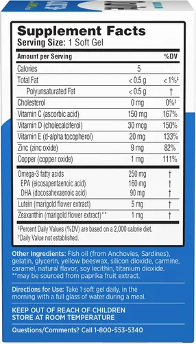 Vista 4 de Ocuvite Adultos Más de 50 Vitaminas y Suplementos Minerales con Luteína, Zeaxantina y Omega-3, 90 Geles Suaves (Paquete de 3)