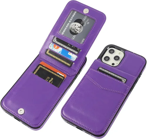 Vista 16 de KIHUWEY - Funda tipo cartera para iPhone 12 Pro Max, soporte para tarjetas, color negro Ranuras para tarjetas de crédito, piel sintética, cierre