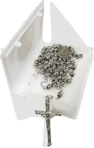 Vista 6 de Rosario católico cuentas collar de oración acero inoxidable San Benito medalla de 28 pulgy 6 mm 24 pulg y 6 mm o 18 pulg y 4 mm