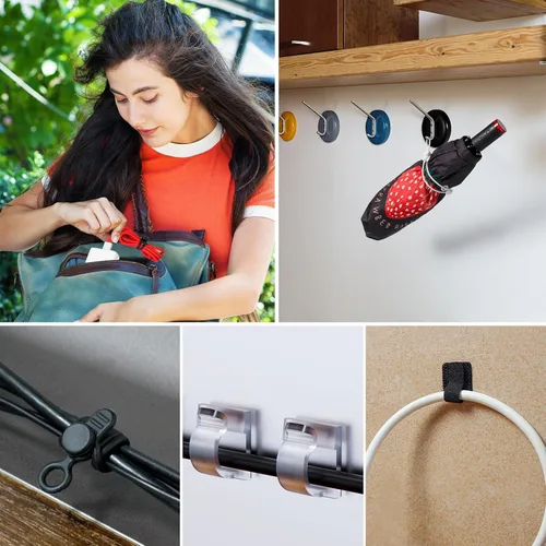 Vista 7 de Kit organizador de cables de 48 piezas, bridas de silicona reutilizables, clips adhesivos fuertes para gestión de cables, gestión de cables