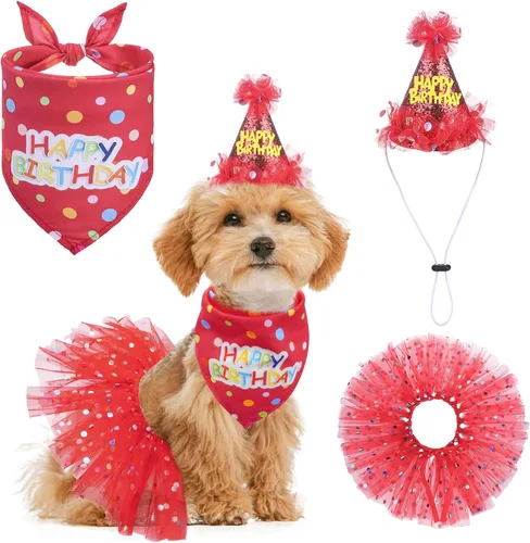 Vista 17 de SCENEREAL Suministros para fiesta de cumpleaños para perros, bandana de cumpleaños para perro, juego de collar de pajarita con números de Niño azul