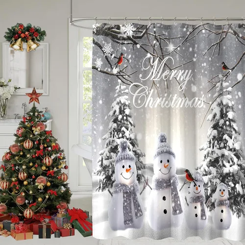 Vista 9 de Red Santa Claus Snowman Merry Christmas Happy New Year Shower Curtain for Bathroom, Holiday Xmas Bath Home Decor 72x72 Inch