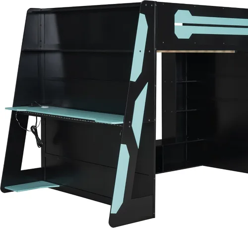 Vista 8 de Cama loft para juegos, cama alta de madera tamaño matrimonial con escritorio, estantes de almacenamiento múltiple y LED, azul nube