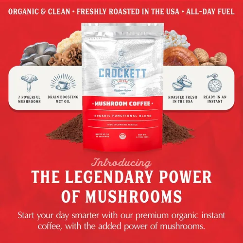 Vista 3 de Crockett Coffee Café orgánico de hongos con aceite MCT, mezcla funcional rica en antioxidantes de 7 hongos orgánicos para un enfoque claro, salud