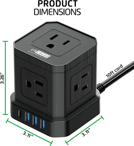 Vista 2 de Tiras de alimentación Cube con protección contra sobretensiones, cable de extensión de 10 pies con múltiples tomas, 5 enchufes de CA, 3 USB, 1