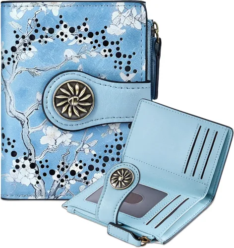 Vista 14 de Tipmile - Cartera pequeña para mujer, cartera de cuero con bloqueo RFID, plegable con bolsillo para monedas y con cremallera, Beige, Casual