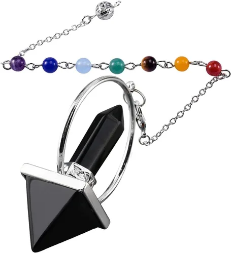 Vista 7 de Nupuyai Péndulo de punto de cristal curativo piramidal con 7 cuentas de piedra de chakras para radiestesia, adivinación y meditación Reiki