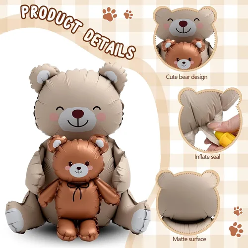 Vista 4 de Simgoing 2 globos de aluminio de oso marrón grande de 21 x 35 pulgadas Globos inflables de oso de dibujos animados grandes mate para baby shower