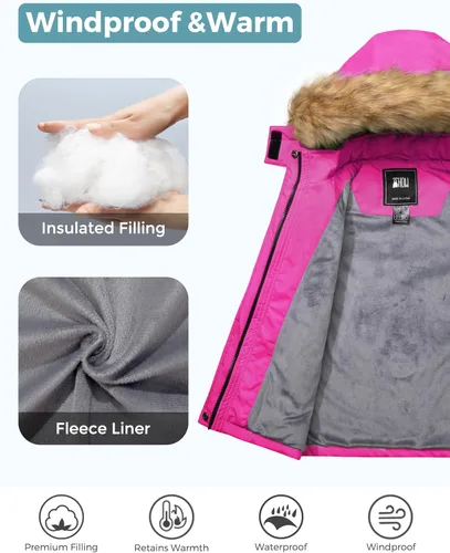 Vista 4 de ZSHOW Chaqueta de esquí impermeable para niñas, abrigo de invierno con forro polar cálido acolchado grueso