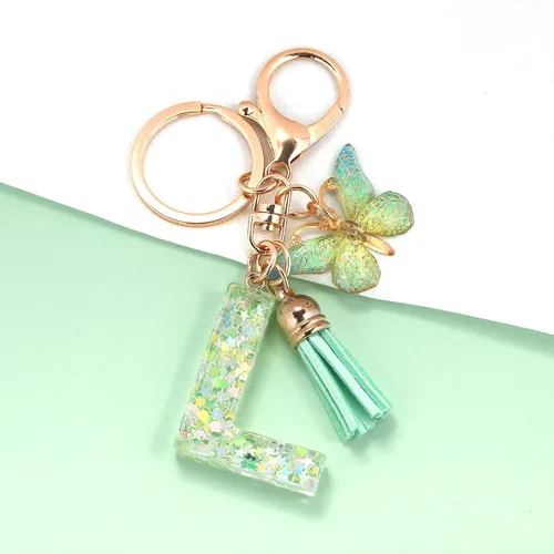 Vista 2 de OKAICEN Fashion Alphabet Initial Letter Keychain Tassel Butterfly Pendant Key Ring for Purse Handbags Women Girl