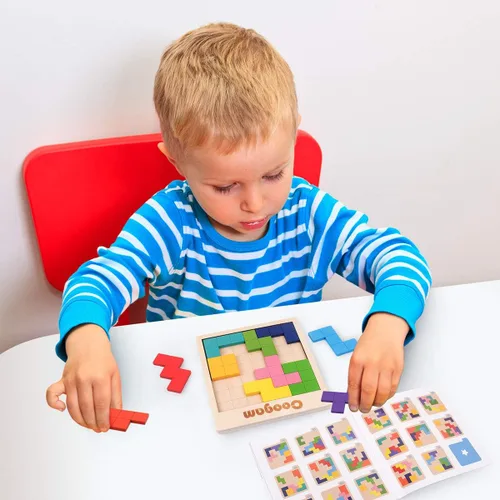 Vista 6 de Coogam Rompecabezas de madera con patrón de bloques de cerebro juego con 60 desafíos, juguete de construcción ruso 3D de madera en forma de tangram