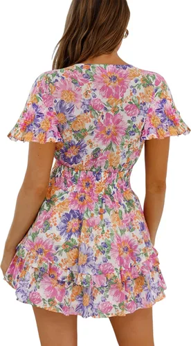 Vista 6 de Relipop Vestido floral de verano para mujer cuello en V lazo en el busto manga acampanada cintura elástica dobladillo con volantes vestidos casuales