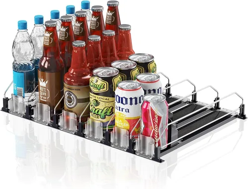 Vista 15 de Organizador de Bebidas para Refrigerador, 12oz 16oz 20oz - Dispensador de Latas de Refresco para Refrigerador, Ancho Ajustable, Deslizador Negro