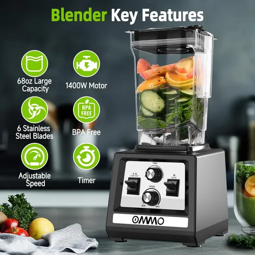 Vista 2 de OMMO Licuadora para batidos: Licuadoras de pico de 1800 W para cocina, jarra sin BPA de 68 onzas, temporizador y control de velocidad, 6 cuchillas