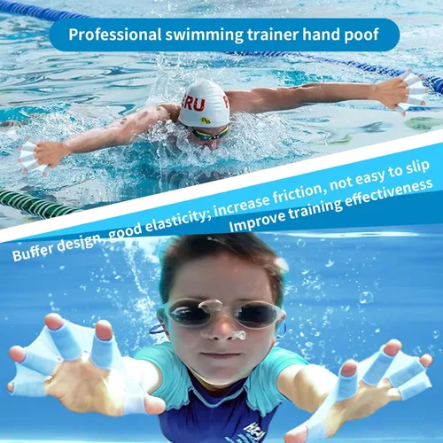 Vista 5 de 2 pares de guantes de natación de silicona aletas de natación aletas de engranaje palmeadas a mano palmera dedo rana tipo palmeada entrenamiento