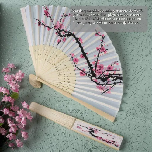 Vista 3 de Abanico plegable seda delicado diseño flor de cereza., talla única