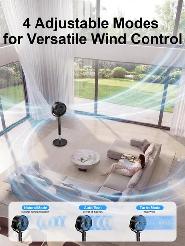 Vista 2 de Uthfy Ventilador oscilante para dormitorio, oscilación omnidireccional de 120°+120°, altura ajustable de 38-46 pulgadas, motor de CC de 120 pies