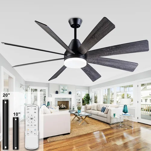 Vista 3 de Ventilador de techo iluminado de 62 pulgadas, negro, con control remoto, función de memoria completa, funcionamiento silencioso, ideal para garajes