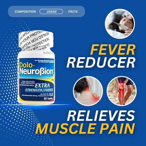 Vista 5 de Dolo Neurobion Analgésico, reductor de fiebre, extra fuerza. Alivia el Dolor, Reduce la Fiebre, Extra Fuerte. 60 tabletas. Acetaminofeno 500 mg