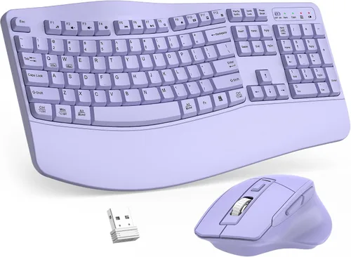 Vista 14 de Combo de teclado y mouse inalámbricos, teclado ergonómico de tamaño completo 2.4G con diseño de teclas onduladas y reposamuñecas, mouse ergonómico