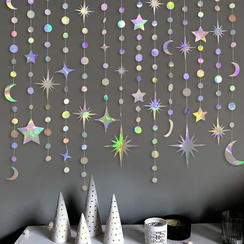 Vista 4 de Kit de guirnalda de estrellas iridiscentes, luna circular y puntos para decoración de fiesta, colgante de media luna y guirnalda de estrellas