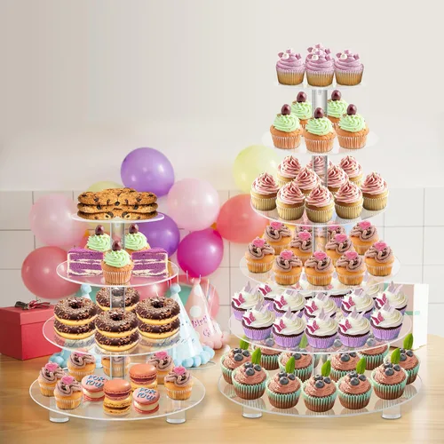 Vista 2 de YestBuy Soporte redondo de acrílico para cupcakes de 4 niveles con base, soporte premium para cupcakes, torre de exhibición de cupcakes de acrílico