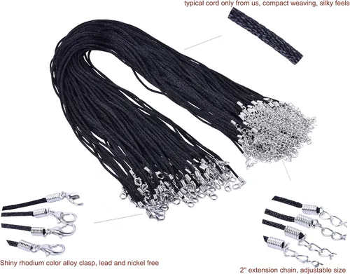 Vista 4 de KONMAY Cordón para collar, 50 unidades, 20 pulgadas, de seda satinada, color negro, de 0.079 in con cadena de extensión de 2 pulgadas, Satin